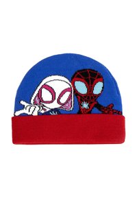 Bonnet en tricot présentant des designs de Spider-Man et Spider-Gwen. Fond bleu avec un revers rouge, motifs de personnages détaillés dans des couleurs vives.
