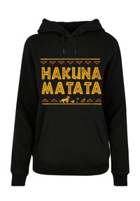 Fekete kapucnis pulóver, sárga "HAKUNA MATATA" felirattal, díszes piros és sárga mintákkal, valamint apró állatgrafikákkal díszítve.