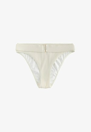 Valkoinen ribbineulosbikinialaosa, jossa kapea vyötärönauha ja pieni kullanvärinen lukko etuosassa keskellä.