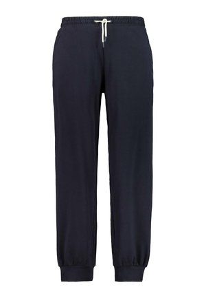 Mørkeblå sweatpants med elastisk talje og justerbar snørredragt. Mansjetter ved anklerne giver en tætsiddende form. Glat tekstur.