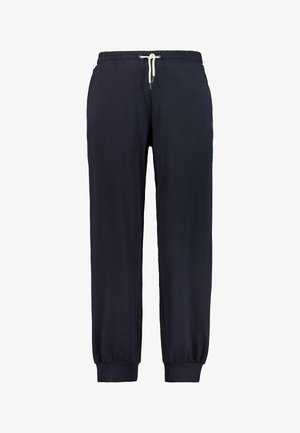 Mørkeblå sweatpants med elastisk talje og justerbar snørredragt. Mansjetter ved anklerne giver en tætsiddende form. Glat tekstur.