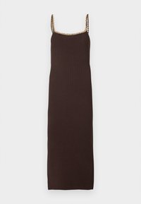 Καφέ ριγωτό φόρεμα με λεπτές τιράντες και χρυσές αλυσίδες κατά μήκος του λαιμού. Μακρύ και εφαρμοστό σιλουέτα.