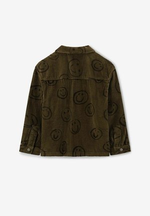 Olivenfarbene Cordjacke mit einem Smiley-Gesicht-Muster, Knopfärmeln und einem klassischen Kragen, in lässiger Passform und strukturiertem Stoff.