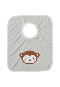 Hellgraues Baby-Lätzchen mit weißem Rand und einem lächelnden braunen Affengesicht, das nahe der unteren Mitte aufgedruckt ist.