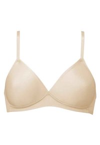 Beige sömlös bralette med triangulära kupor och tunna justerbara band. Tillverkad av slät tyg utan synliga sömmar eller dekorationer.