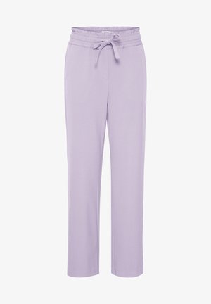 Levandulové kalhoty s elastickým pasem a předním uvázáním. Mají rovný střih a hladkou, lehkou texturu látky.