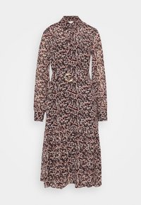 Kwiatowa sukienka z długimi rękawami, kołnierzykowym dekoltem i ściągniętą talią. Czarna tkanina z różowymi i białymi wzorami kwiatowymi; złoty detal z klamrą.