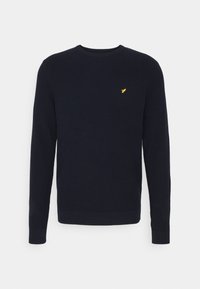 Pulover tricotat de culoare albastră marină, cu mâneci lungi și guler rotund. Prezintă un mic logo galben pe piept. Material texturat.