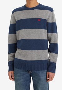 Pull rayé bleu marine et gris, en tissu doux. Présente un col et des poignets côtelés, avec un petit logo de marque rouge sur la poitrine.