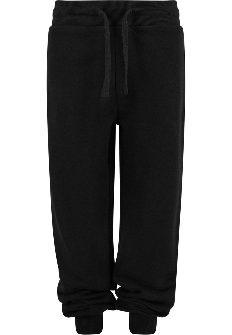 Pantalons de survêtement en coton noir avec une taille élastique à cordon, des jambes fuselées et des poignets côtelés. Texture lisse, conçu pour le confort et un bon ajustement.