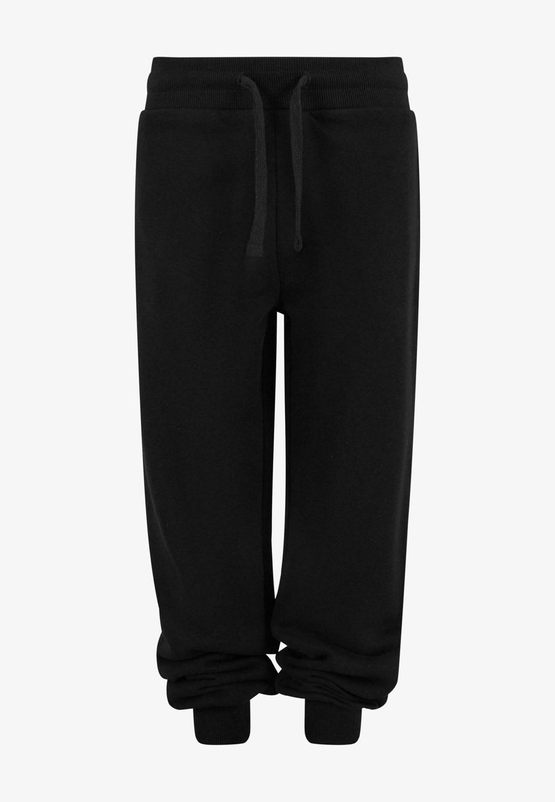 Melna kokvilnas sporta bikses ar auklu vidukli, sašaurinātām kājām un ribotām piedurknēm. Gluda tekstūra, izstrādātas komfortam un piemērotībai.