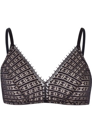 Musta pitsinen bralette, jossa on kolmionmuotoiset kupit, raidallinen kuvio, koristeelliset reunat ja ohuet säädettävät hihnat.