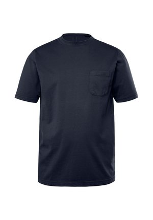 Marine blå bomulds t-shirt med rund halsudskæring, korte ærmer og en brystlomme. Glat tekstur og enkelt design uden mønstre.