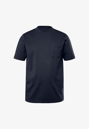 Marine blå bomulds t-shirt med rund halsudskæring, korte ærmer og en brystlomme. Glat tekstur og enkelt design uden mønstre.