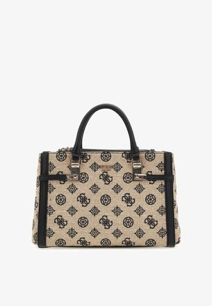 Teksturowana beżowa torebka z czarnymi elementami, z wzorzystą powierzchnią i podwójnymi uchwytami u góry. Zamek błyskawiczny i widoczne logo marki.