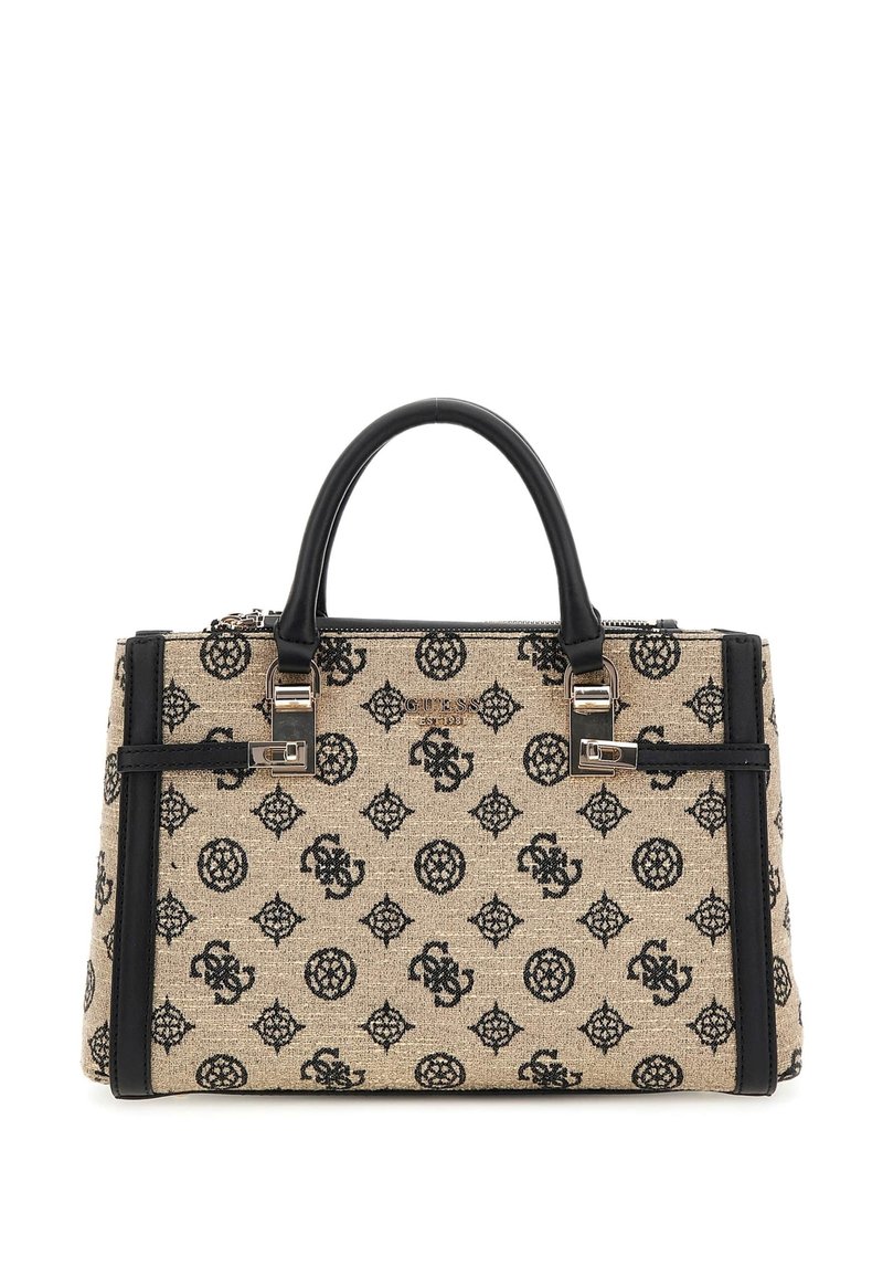 Texturovaná béžová kabelka s černými detaily, s vzorovaným povrchem a dvojitými horními uchy. Zapínání na zip a viditelné logo značky.