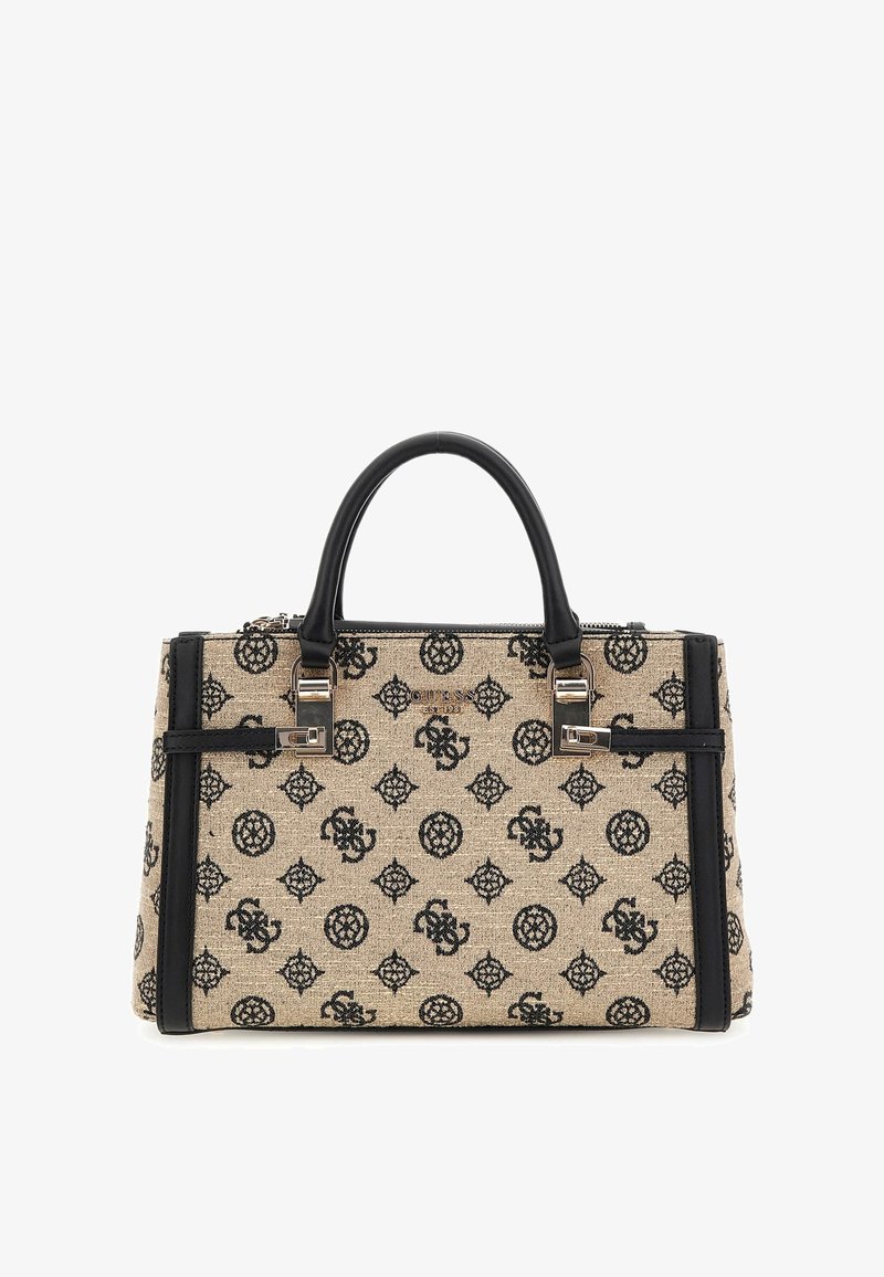Teksturowana beżowa torebka z czarnymi elementami, z wzorzystą powierzchnią i podwójnymi uchwytami u góry. Zamek błyskawiczny i widoczne logo marki.