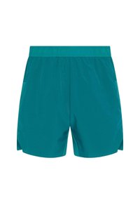 Teal svømmebukser med elastisk talje, blød tekstur, sidelommer og et subtilt gittermønster. Har høje sideslidser for bevægelighed.