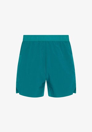 Zeleno modri kopalni šorti z elastiko v pasu, mehak material, stranske žepe in subtilen mrežast vzorec. Opremljeni so z visokimi stranskimi razporki za večjo gibljivost.