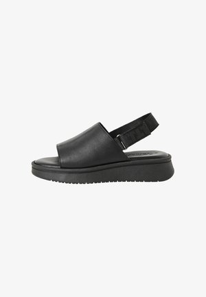 Sorte læder slingback-sandaler med en bred rem, en struktureret platformsål og et justerbart elastikbånd bagpå for en sikker pasform.