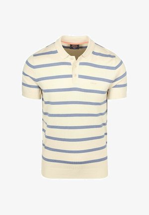 Roomkleurig poloshirt met korte mouwen en horizontale blauwe strepen, voorzien van een drieknopenbies en een kraag.