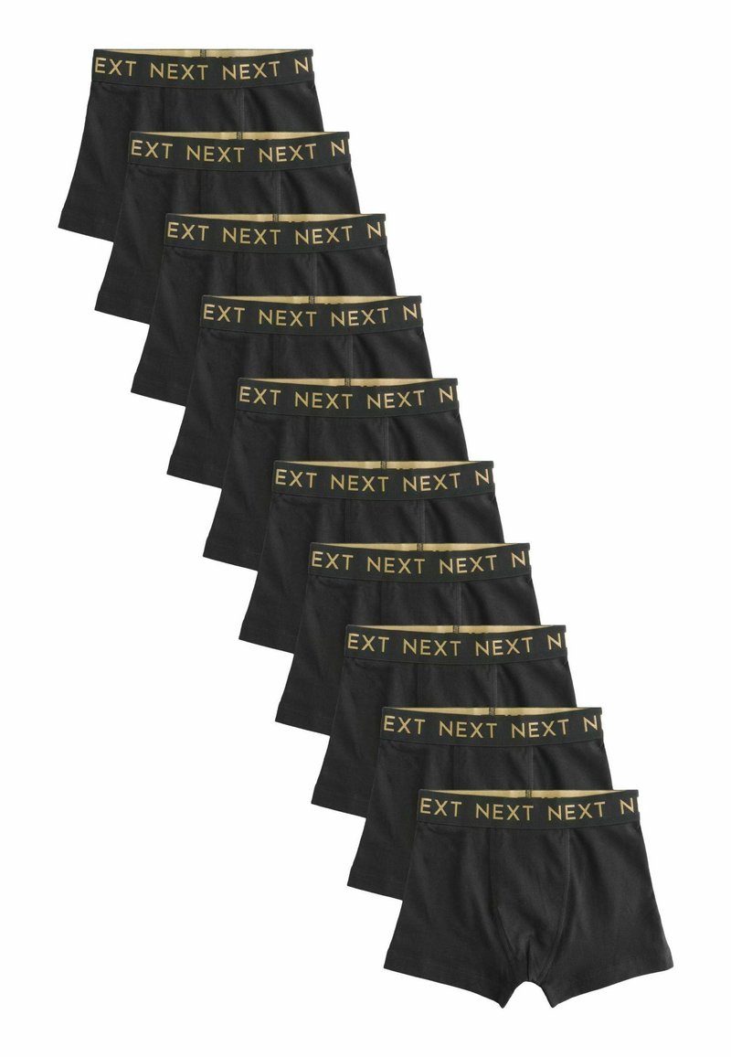 Boxer-briefs noirs avec une large ceinture élastique portant "NEXT" en jaune. Dix pièces sont empilées en ligne. Matière douce en coton.