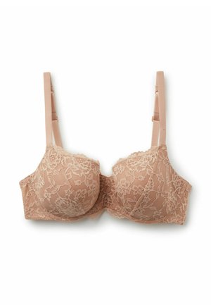Lace bra in nude color with padded cups and adjustable straps. Features floral lace pattern and hook-and-eye closure at the back.