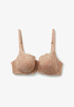 Lace bra in nude color with padded cups and adjustable straps. Features floral lace pattern and hook-and-eye closure at the back.