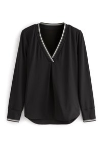 Top largo black a maniche lunghe con scollatura a V profonda, caratterizzato da bordi a righe bianche e nere e polsini coordinati a righe, posizionato su uno sfondo bianco.
