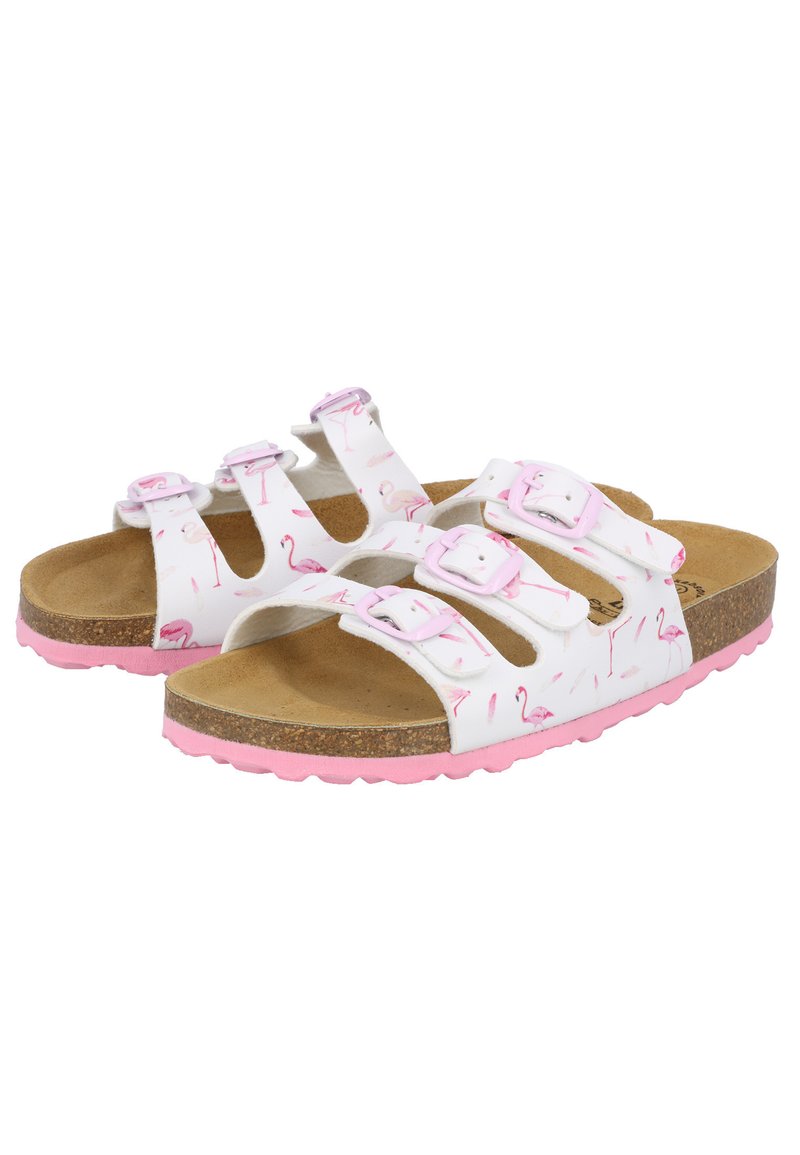 Weiße Sandalen mit einem Flamingo-Muster, drei verstellbaren Riemen, rosa Schnallen, Korkfußbett und einer rosa strukturierten Sohle.
