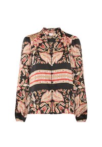 Blouse noire à manches longues, imprimé cachemire et floral en orange, rose et crème, avec un devant boutonné et des poignets froncés.
