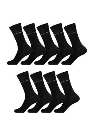Lot de dix chaussettes noires, design montantes jusqu'au genou, en mélange de coton, avec un poignet côtelé et un logo imprimé sur le côté. Texture douce.