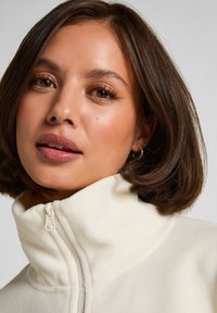 Crèmekleurig fleecejack met een hoge kraag en ritssluiting. Gladde textuur, casual ontwerp en eenvoudige stijl. Natuurlijk licht benadrukt de details.