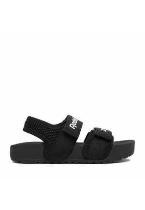 Schwarze verstellbare Sandale mit offenem Zehenbereich, zwei Klettverschlüssen, Netz-Fersenkissen und dicker gepolsterter Sohle.