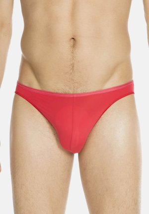 Roter Bikini-Schwimmanzug aus glattem, dehnbarem Stoff. Verfügt über eine tiefe Taille und ein minimales Design, das die Körperform betont.