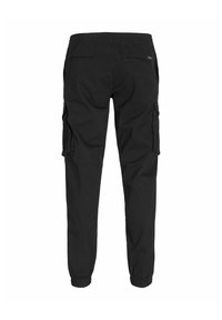 Black cargo pants with an elastic waistband, featuring two side pockets, two cargo pockets on the thighs, and elastic cuffs at the ankles.