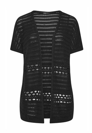 Schwarze, offen zu tragende Kurzarm-Crochet-Strickjacke mit horizontalen und offenen Strickmustern im gesamten Stoff.