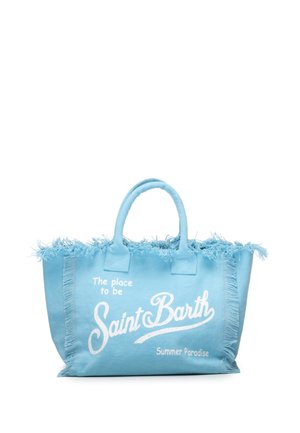 Borsa tote in tessuto blu con bordi sfrangiati, due manici e scritta bianca sul davanti "The place to be Saint Barth Summer Paradise".