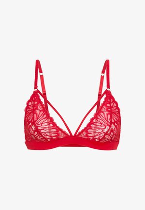 Rød blonde-bh med blomsterbroderi, justerbare stropper og en blød underkant. Trekantet form med detaljer i transparent stof.