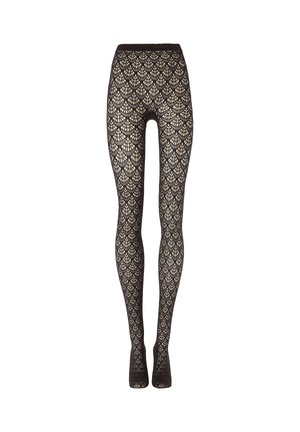 Svarta nätstrumpbyxor med ett upprepande scallopmönster, med en fast midja och som täcker hela benens längd.