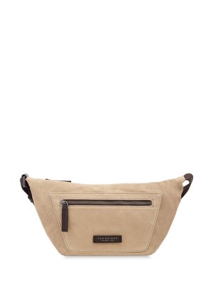 Marsupio in tela beige con tasca frontale con zip, cursore della zip marrone scuro e patch in pelle brandizzata con la scritta "The Bridge Firenze 1969."