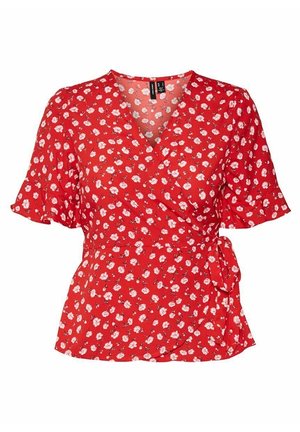 Rote Wickelbluse mit kurzen Ärmeln, weißem Blumenmuster und seitlicher Schleife an der Taille.