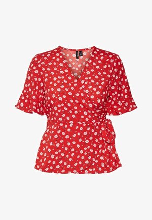 Blusa roja de manga corta con diseño cruzado, estampado floral blanco y lazo lateral en la cintura.