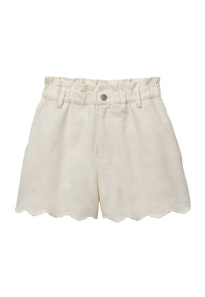 Shorts couleur crème avec ourlet festonné, motifs floraux brodés, taille élastique, passants pour ceinture et fermeture par bouton à l'avant.