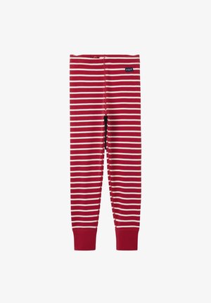 Leggings rayés rouges et blancs en coton doux, avec une taille élastique et des poignets ajustés aux chevilles. Étiquette de marque sur le côté.