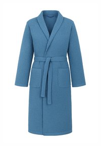 Himmelblauer Bademantel mit Waffelstruktur, Schalkragen, Gürtel und zwei frontalen Taschen. Verfügt über lange Ärmel und ein knielanges Design.