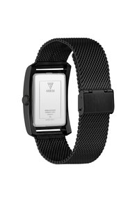 Rechteckige schwarze Uhr mit einem Edelstahl-Mesh-Armband. Verfügt über ein minimalistisches weißes Ziffernblatt mit Markengravur. Wasserdicht.