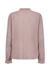 Lange mouw blouse in lichtroze met verticale witte strepen, met een geraffineerde halslijn en elastische manchetten voor een casual pasvorm.