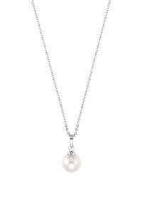 Collier en argent avec un pendentif en perle blanche ronde, présentant une texture lisse et un design simple et élégant.