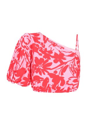 Ein trägerloses Oberteil aus leichtem Stoff mit einem pinken und roten Blumenmuster. Es verfügt über einen Puffärmel und einen gerafften Saum für eine taillierte Silhouette.